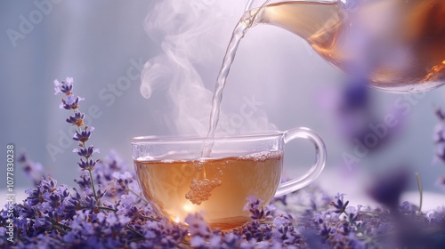 Pouring tea in cup, lavender background, purple color background