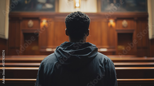 Black man standing alone in a courtroom back view facing the judge's bench. Concept of justice, accountability, and legal proceedings