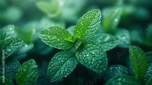 Close-up of Dew-Covered Mint Leaves in Lush Greenery