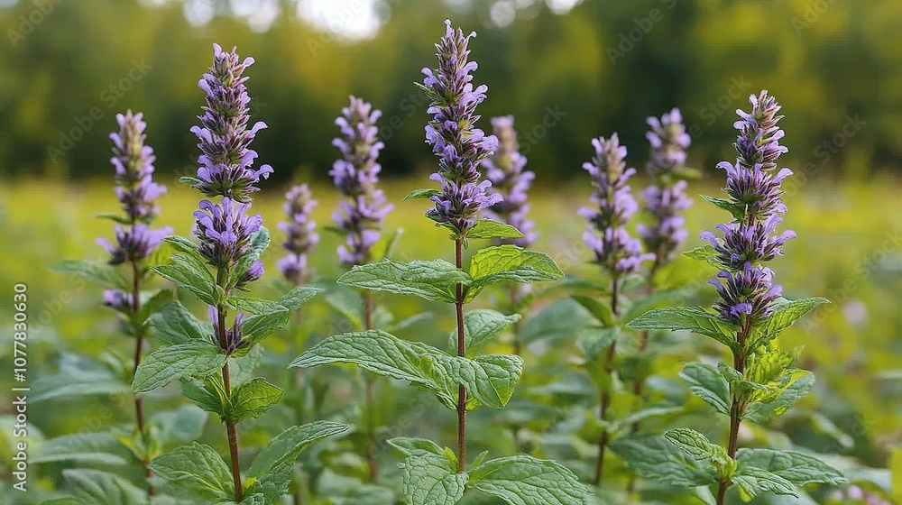 Obraz premium Purple-flowered Mint Plants in a Green Field