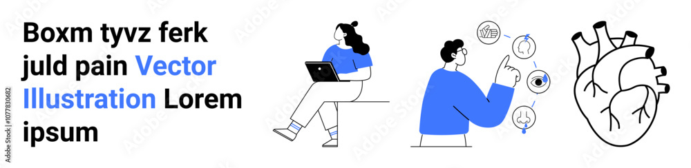 Person working on a laptop, person pointing at medical icons, human heart outline. Ideal for technology, medical advancements, education, innovation, healthcare, digital transformation, modern Person working on a laptop, person pointing at medical icons, human heart outline. Ideal for technology, medical advancements, education, innovation, healthcare, digital transformation, modern