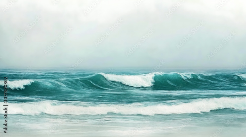 Naklejka premium A wide shot of teal ocean waves crashing against a sandy beach with a cloudy sky.