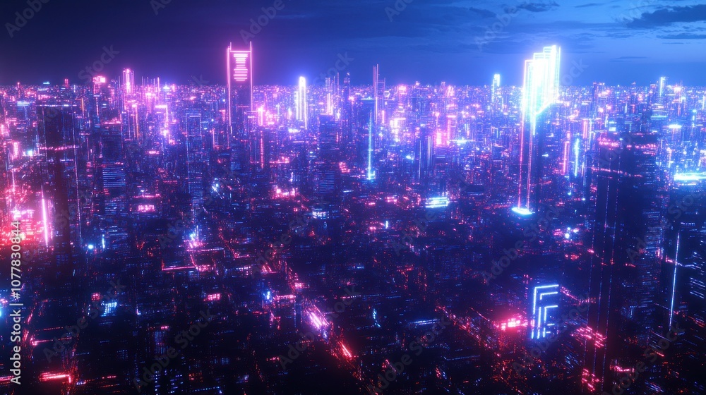 Obraz premium A vibrant, futuristic cityscape illuminated by neon lights and towering structures.