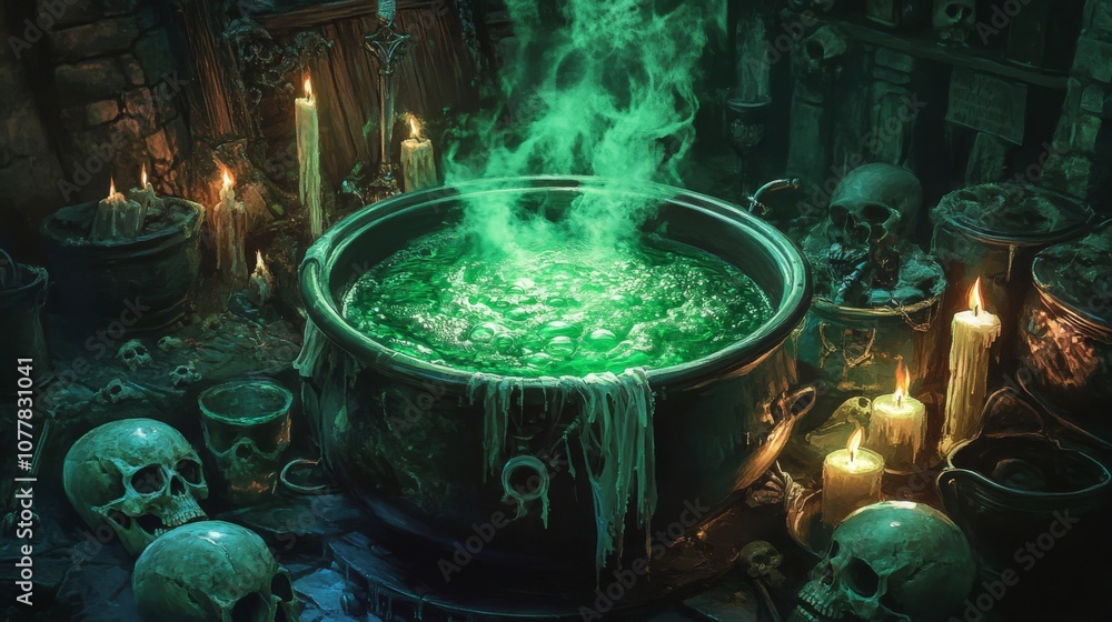 A Cauldron of Green Potion with Steam in a Dark Room Surrounded by Skulls and Candles A Cauldron of Green Potion with Steam in a Dark Room Surrounded by Skulls and Candles