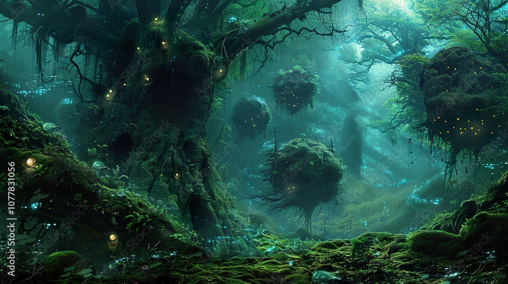 Enchanted Forest with Glowing Orbs - A Mystical Fantasy Landscape Enchanted Forest with Glowing Orbs - A Mystical Fantasy Landscape