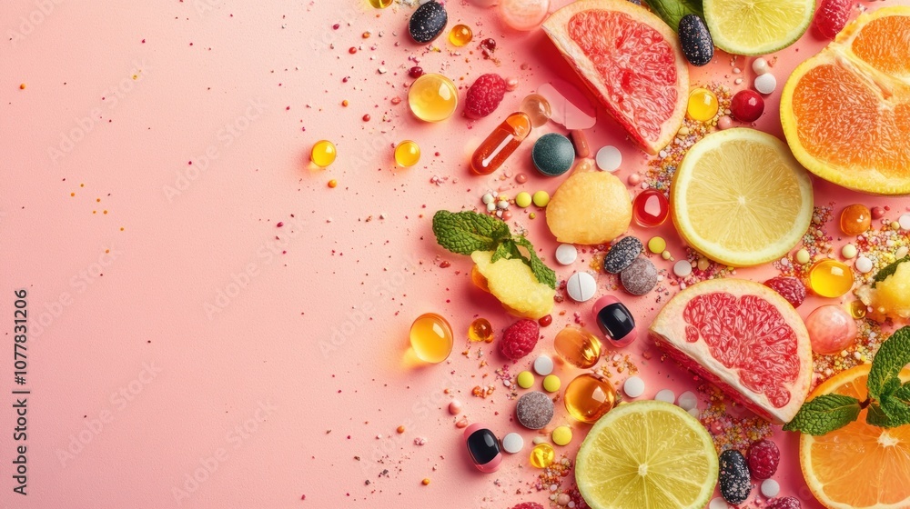 A vibrant arrangement of fruits and candies on a pink background for a playful, fresh aesthetic. A vibrant arrangement of fruits and candies on a pink background for a playful, fresh aesthetic.
