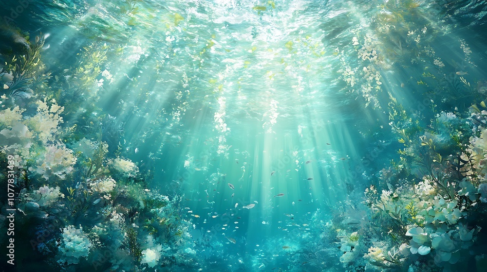 Obraz premium Sunbeams illuminate a vibrant underwater scene with white flowers and shimmering fish.