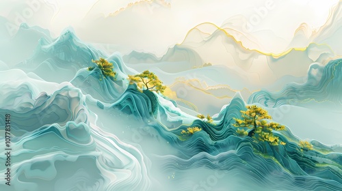 Fototapeta Naklejka Na Ścianę i Meble -  Traditional colorful 3d mountains and rivers poster background
