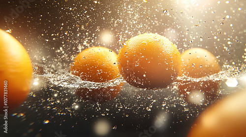 vibrant scene of ripe oranges splashing in water, showcasing droplets and dynamic movement. freshness and energy of oranges are highlighted beautifully