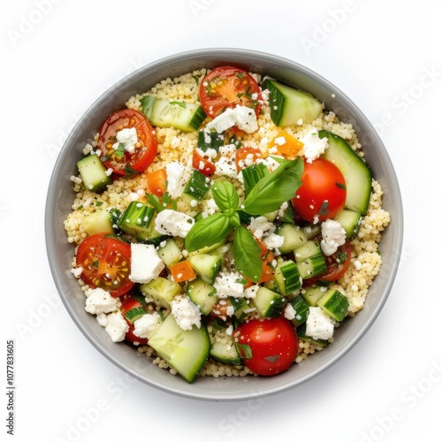 A bowl of Mediterranean couscous salad with cherry tomatoes, cucumbers, and feta cheese