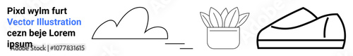 Cloud, potted plant, shoe outline in monochrome. Ideal for modern design, minimalism, nature, fashion, home decor lifestyle landing page