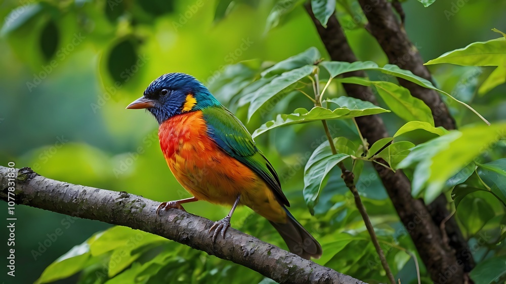 A Multicolored Bird Perched on a Branch in Lush Green Foliage A Multicolored Bird Perched on a Branch in Lush Green Foliage