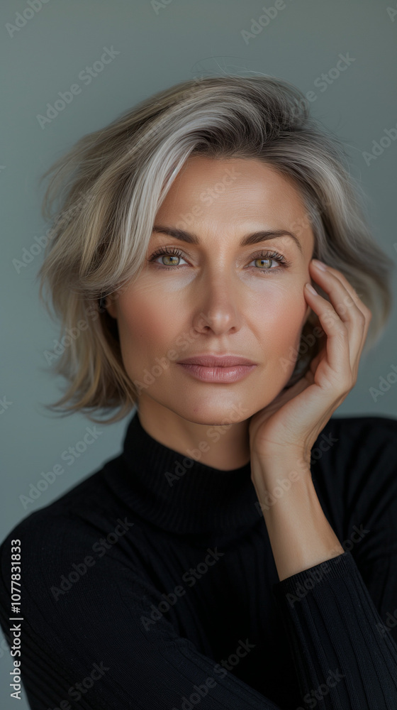 Mature woman in black turtleneck, confident and poised. Mature woman in black turtleneck, confident and poised.