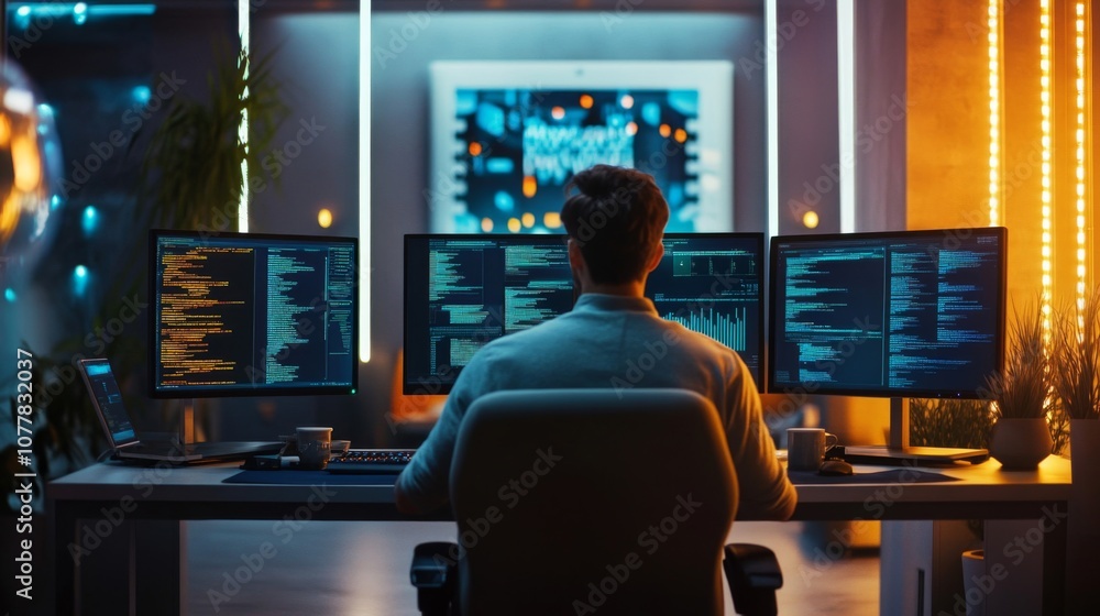 Man Working on Multiple Computer Screens with Code Man Working on Multiple Computer Screens with Code