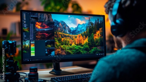 A Man Editing a Landscape Photograph on a Computer