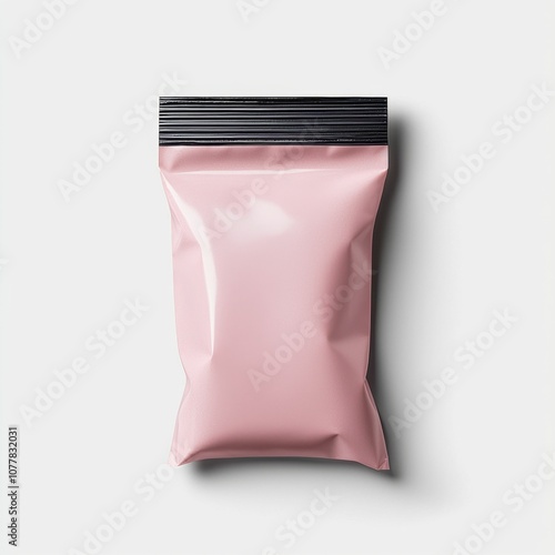 A plain pink packaging bag with a black zipper design, suitable for various products like snacks, cosmetics, or other small items photo