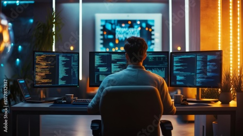 Man Working on Multiple Computer Screens with Code