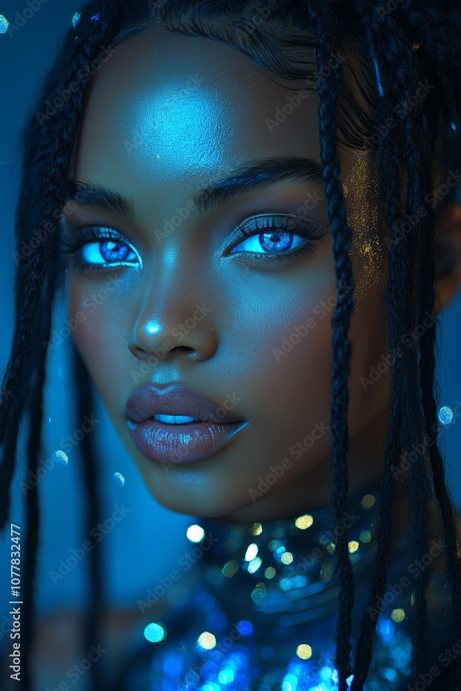 Black Woman with Blue Eyes, Hair in Braids, Wearing Blue Glitter Blouse Black Woman with Blue Eyes, Hair in Braids, Wearing Blue Glitter Blouse