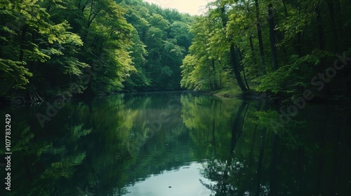 A serene lake surrounded by lush green trees offering a peaceful escape from the stresses of everyday life.
