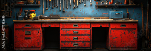 Detailed Mechanic Workspace with Red Workbench and Tools in Industrial Setting