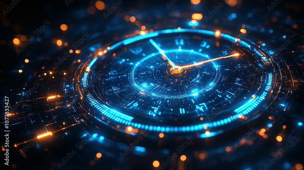 Futuristic Clock Face with Glowing Blue and Orange Lights Futuristic Clock Face with Glowing Blue and Orange Lights