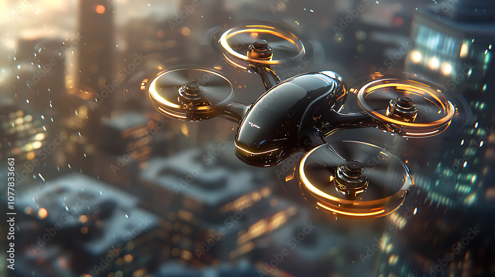 high resolution image of sleek drone flying over cityscape at dusk, showcasing its modern design and illuminated rotors. scene captures blend of technology and urban life high resolution image of sleek drone flying over cityscape at dusk, showcasing its modern design and illuminated rotors. scene captures blend of technology and urban life