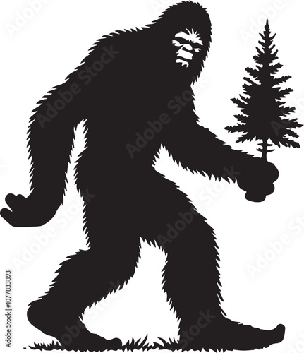 Bigfoot silhouette in a playful pose holding a small tree