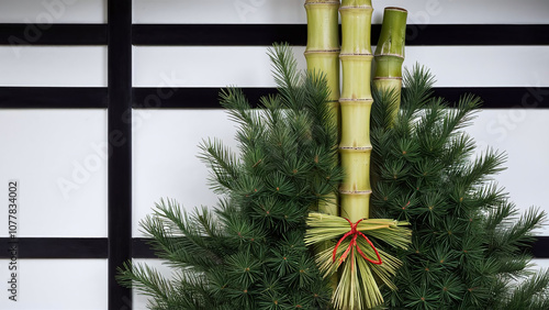 Close-up of kadomatsu with pine and bamboo, isolated on white background, traditional Japanese New Year decoration, stock photo