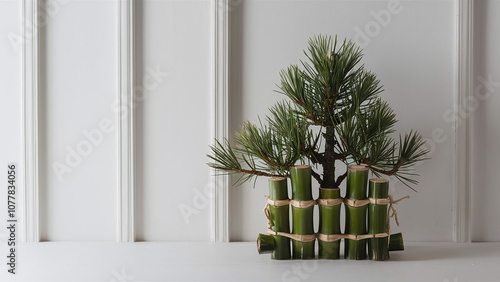 Traditional kadomatsu with bamboo and pine, close-up on white background, Japanese New Year’s decoration, stock photo