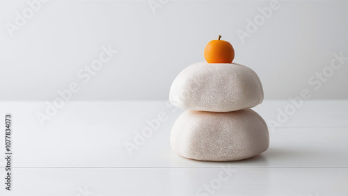 Traditional Japanese New Year kagami mochi with orange, simple and symbolic, isolated on white background, stock photo