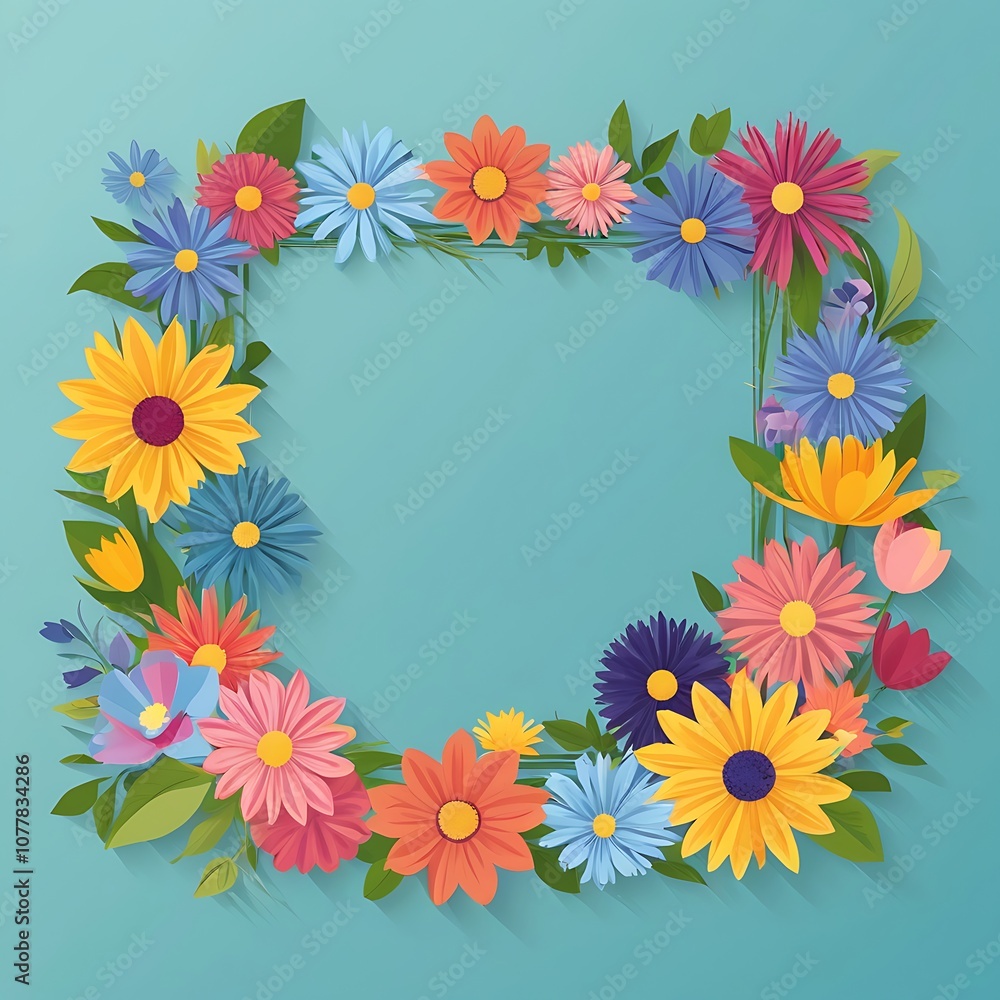 Colorful Paper Flower Frame with Teal Background Colorful Paper Flower Frame with Teal Background