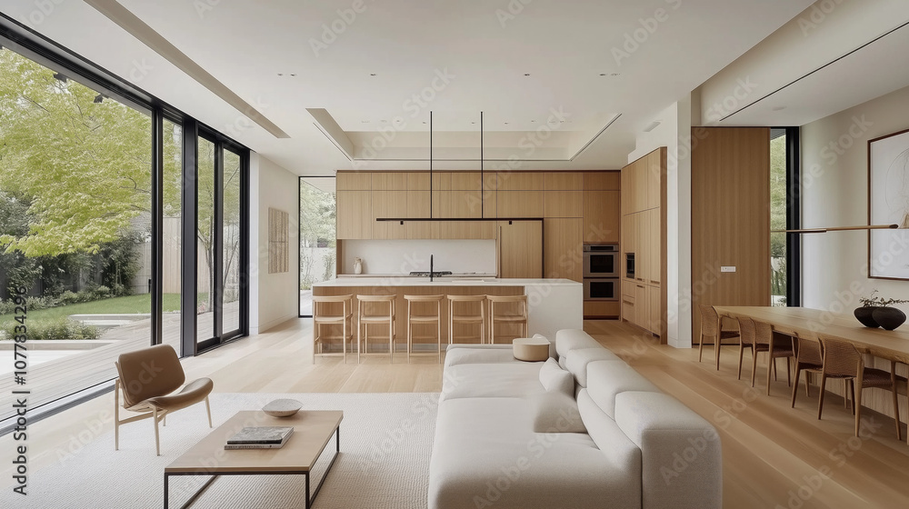 A modern minimalist home interior design with clean lines, sleek furniture, and neutral color palette, featuring an open-concept living space connected to a spacious kitchen, bathed in natural light A modern minimalist home interior design with clean lines, sleek furniture, and neutral color palette, featuring an open-concept living space connected to a spacious kitchen, bathed in natural light