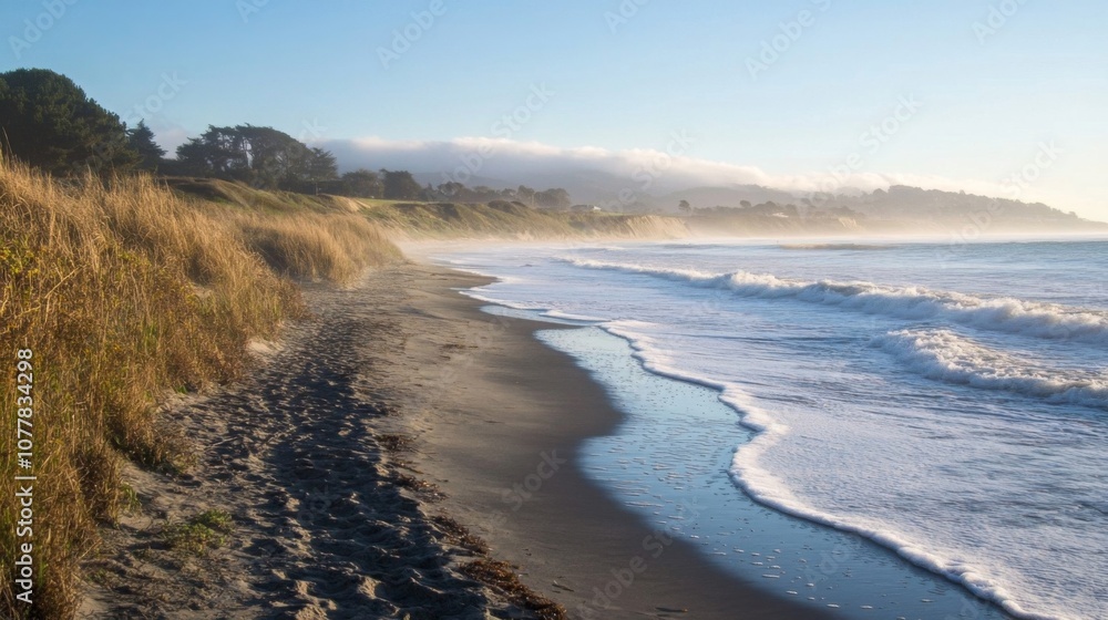 Fototapeta premium Sandy Beach Shoreline with Foamy Waves and Distant Hills