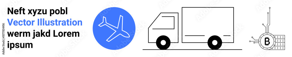 Airplane in blue circle, delivery truck outline, and Bitcoin symbol with circuit lines. Ideal for logistics, transport, delivery services, crypto trading, fintech, global shipping, and digital Airplane in blue circle, delivery truck outline, and Bitcoin symbol with circuit lines. Ideal for logistics, transport, delivery services, crypto trading, fintech, global shipping, and digital