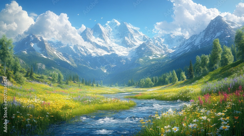 Serene mountain landscape with vibrant flowers and a flowing stream. Serene mountain landscape with vibrant flowers and a flowing stream.