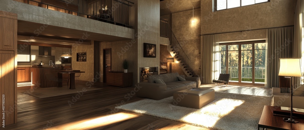 Modern living room with large windows and a balcony. Modern living room with large windows and a balcony.