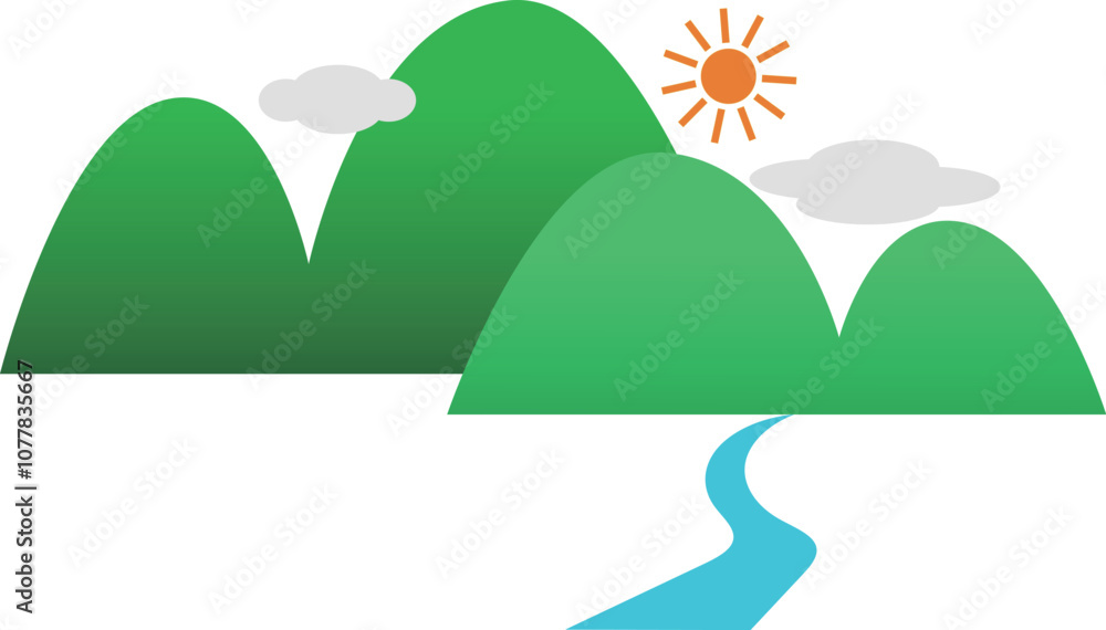 Fototapeta premium Mountain Landscape, River, Sun, Simple Design
