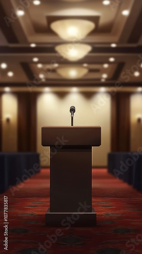 A podium with a microphone set in a conference room, ready for a presentation or speech.