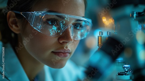 Scientist examining samples under a microscope in a lab setting.