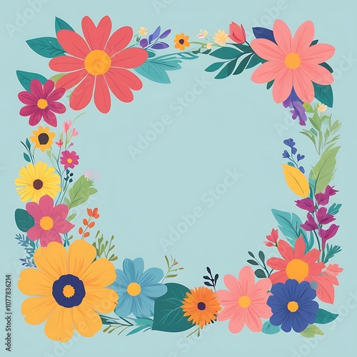 Colorful Floral Frame with Blue Background