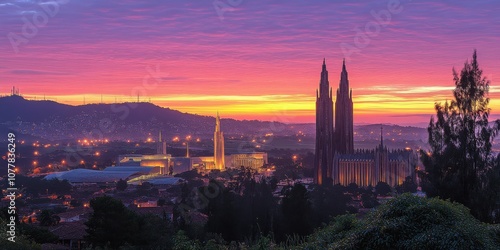 Stunning Sunset over Santiago de Compostela Cathedral with Vibrant Sky, Illuminated Cityscape, and Lush Trees Capturing the Essence of Galicia's Natural Beauty