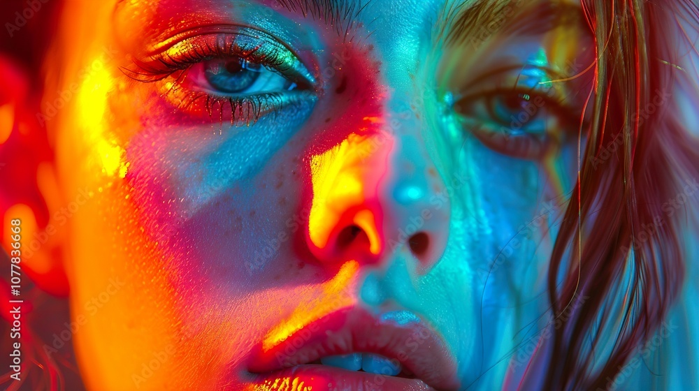 Close-up Portrait of a Woman with Vivid Colors and Dramatic Lighting Close-up Portrait of a Woman with Vivid Colors and Dramatic Lighting