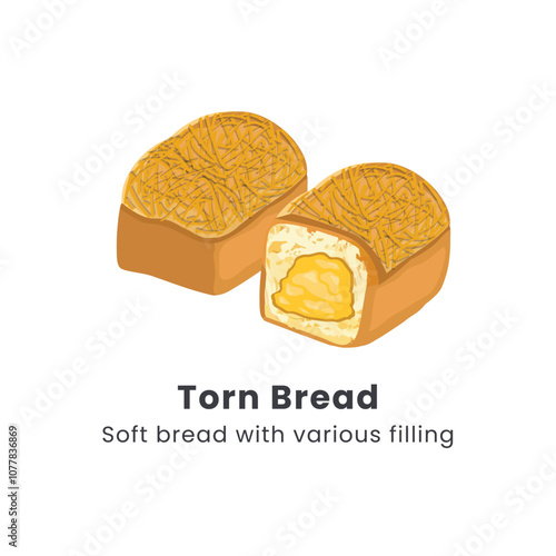 Hand drawn vector illustrator of Roti sobek or Torn bread or Roti kasur. Soft bread filled with chocolate, cheese, jam and nuts