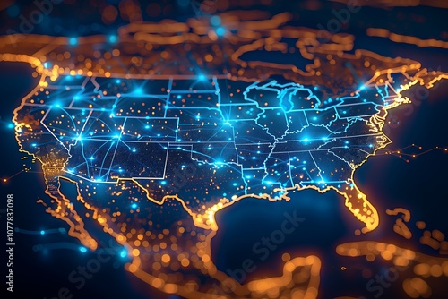 A glowing digital map of the United States, showcasing interconnected cities and a network of data flow.