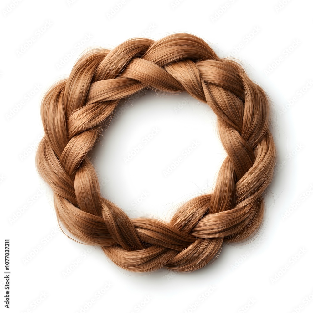 A circular braid made of long, silky brown hair, showcasing intricate weaving and smooth textures. A circular braid made of long, silky brown hair, showcasing intricate weaving and smooth textures.