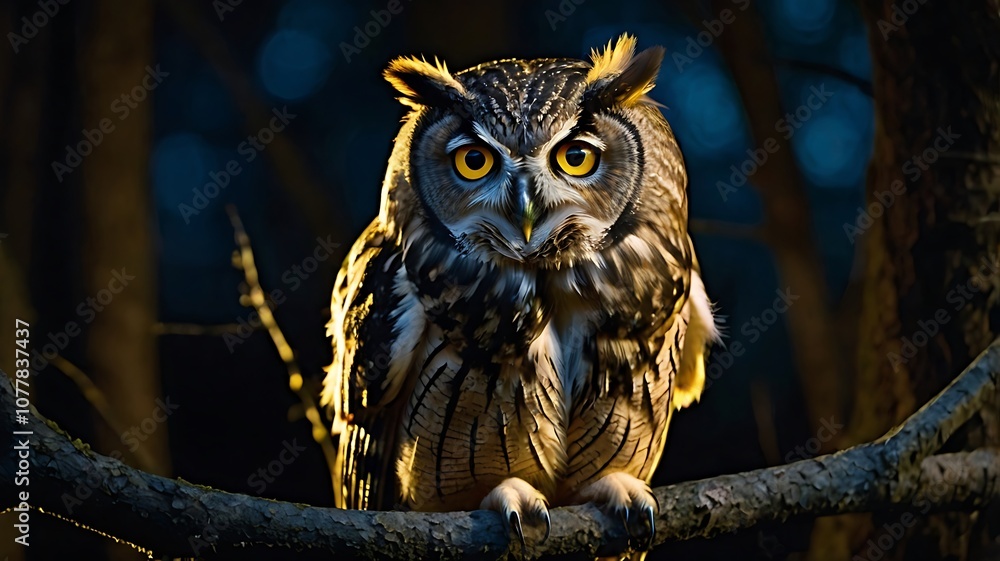 A Close-Up of a Brown Owl Perched on a Branch in the Woods A Close-Up of a Brown Owl Perched on a Branch in the Woods