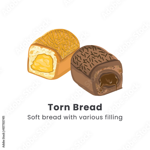 Hand drawn vector illustrator of Roti sobek or Torn bread or Roti kasur. Soft bread filled with chocolate, cheese, jam and nuts