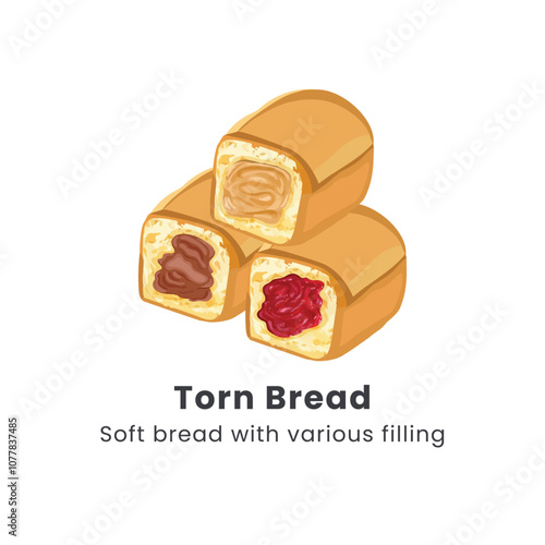 Hand drawn vector illustrator of Roti sobek or Torn bread or Roti kasur. Soft bread filled with chocolate, cheese, jam and nuts