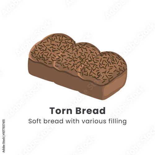 Hand drawn vector illustrator of Roti sobek or Torn bread or Roti kasur. Soft bread filled with chocolate, cheese, jam and nuts