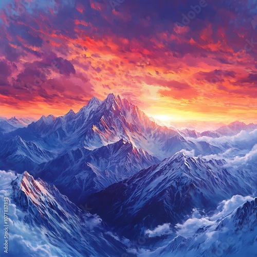 Discover the majestic beauty of snow-capped mountains under a colorful sunset sky